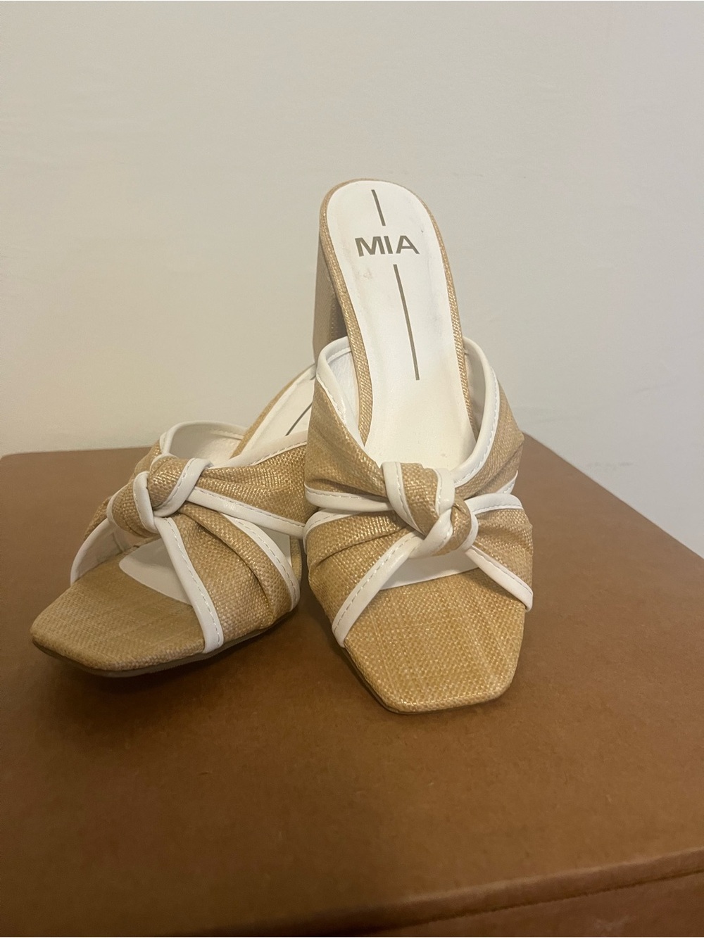 MIA Beige and White Knot Slip-On Heels